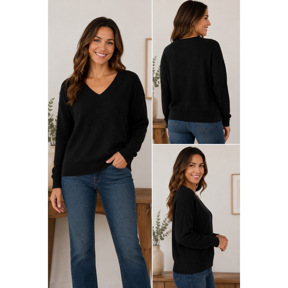 J.Crew Womens Black 100% Cashmere V-Neck Sweater Relaxed Fit Size M casual cozy